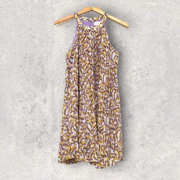 MELLODAY Women's Floral Pleat Dress Size S Sleeveless Yellow Purple - Picture 1 of 8